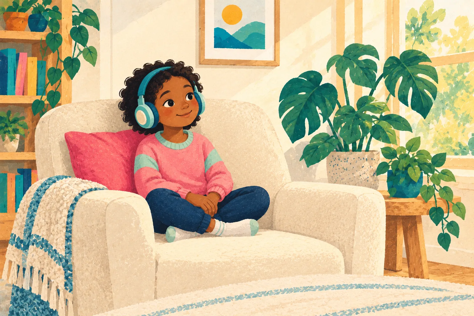 Illustration of a young child with curly hair taking a quiet break with headphones in a cozy chair.